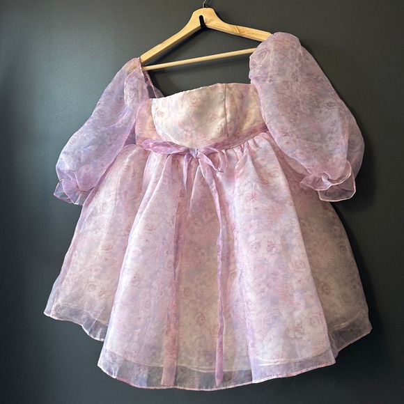 Fanciful Doll Floral Organza Mini Babydoll Dress Purple Pink Size Small - Picture 11 of 15